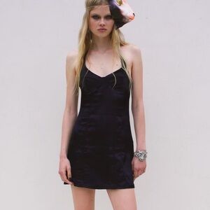 Zara Satin Bustier Mini Dress LARGE Black Lingerie Style open back Seamed NEW